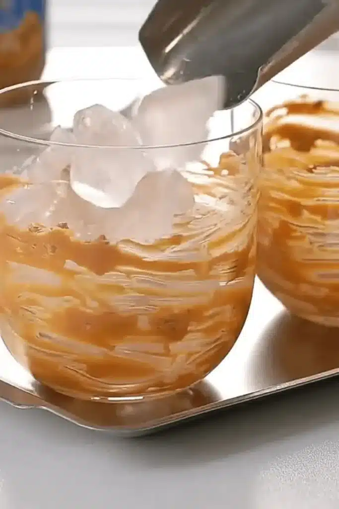 Adding ice to a peanut butter-coated glass for iced latte