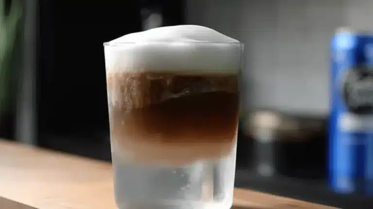 Layered iced coconut cloud coffee with foamy top and creamy espresso layer