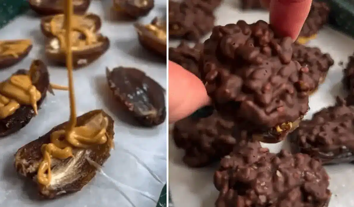 Dates stuffed with peanut butter, then dipped in melted chocolate with puffed rice mixed in