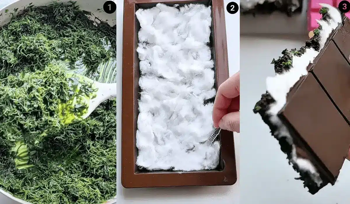 Step-by-step image of Dubai angel hair chocolate bar with pistachio kataifi filling, Turkish cotton candy, and chocolate shell