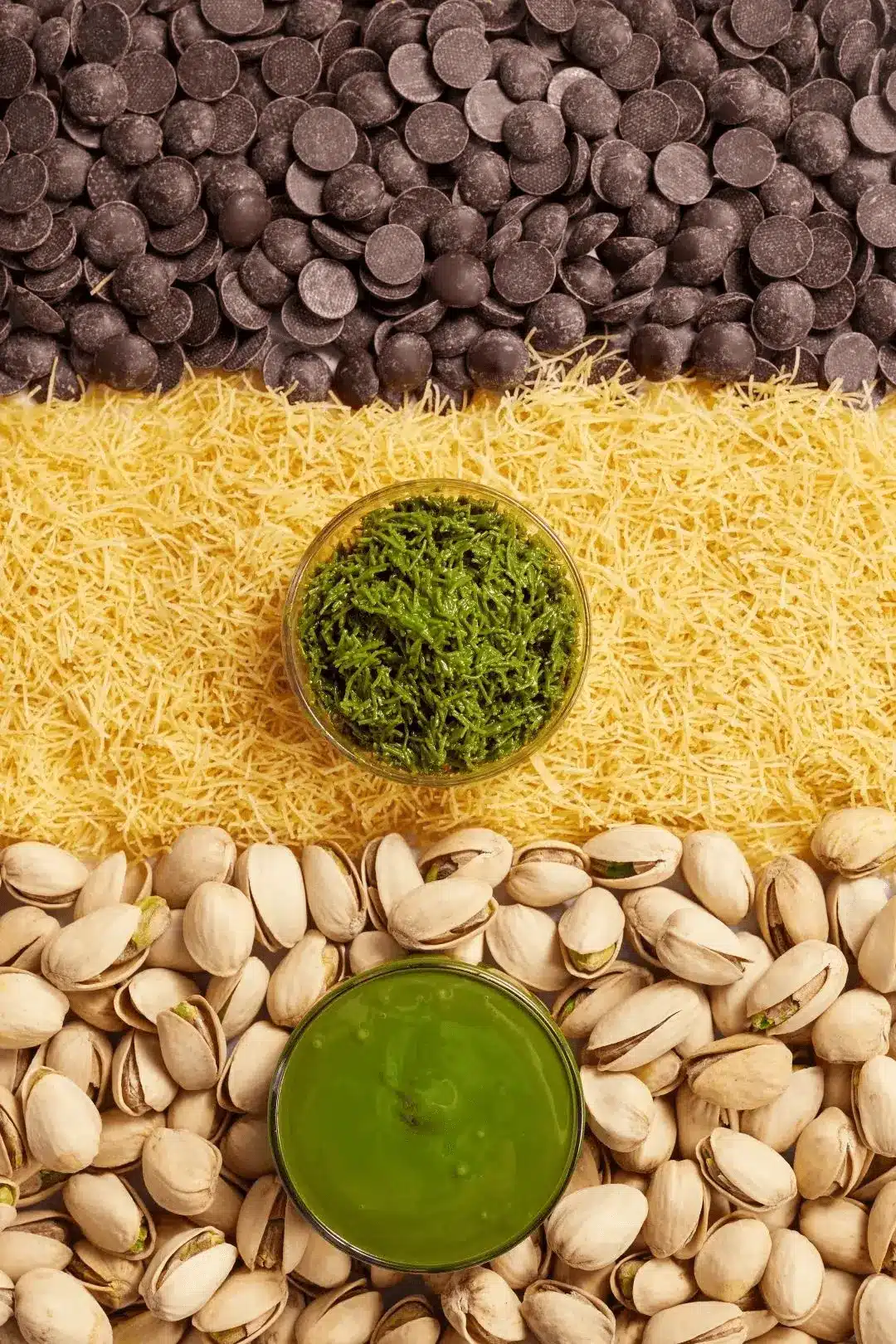 Ingredients for Dubai chocolate bar recipe—chocolate, kataifi, pistachios
