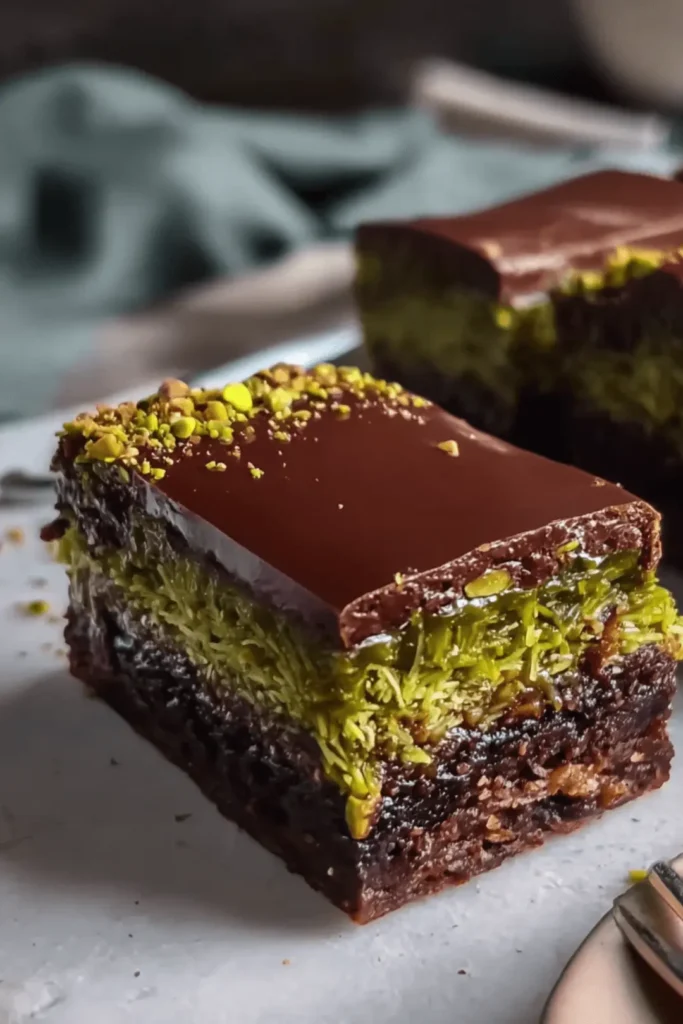 Fudgy Dubai chocolate brownie with pistachio kataifi and glossy ganache topping