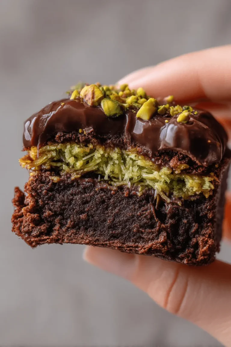 Close-up of layered Dubai chocolate brownie with pistachio and ganache
