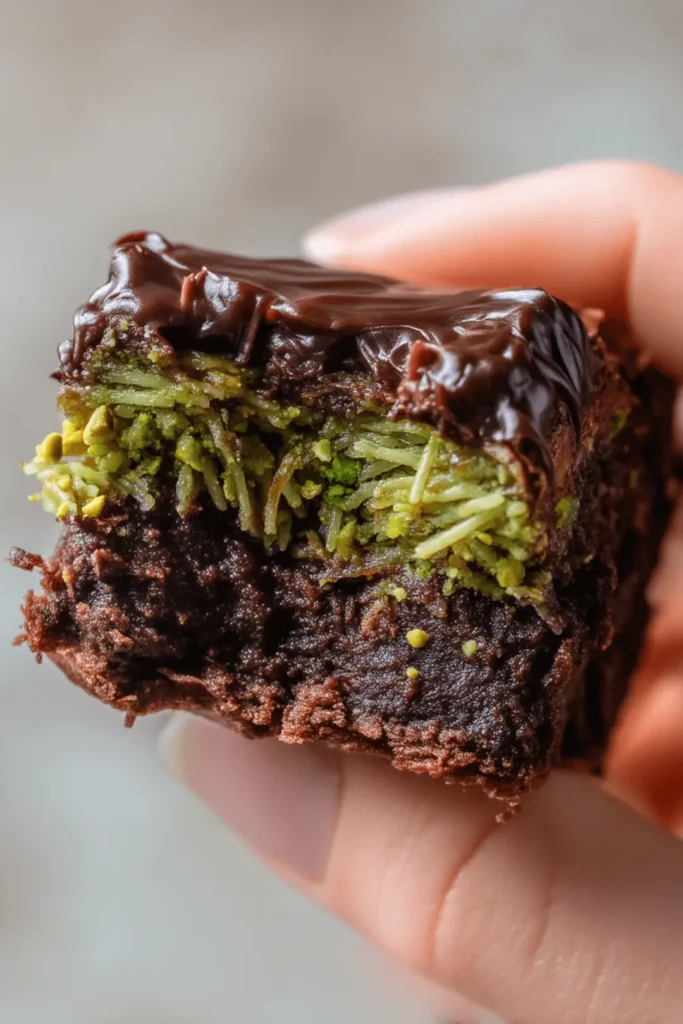 Half-eaten Dubai chocolate brownie with kataifi and pistachio center