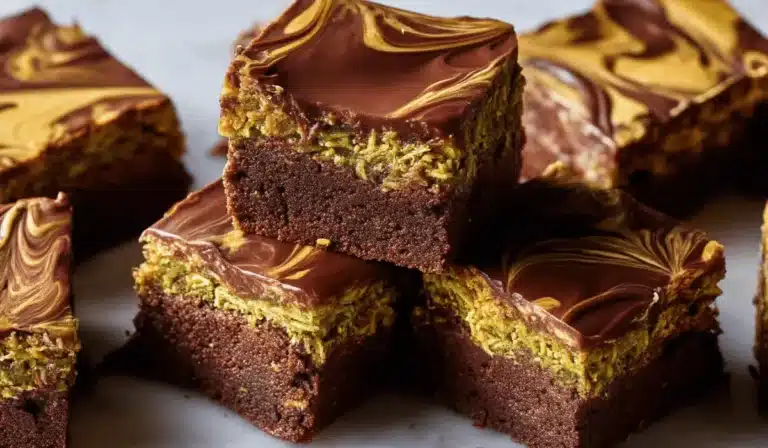 Dubai chocolate brownies arranged on marble surface