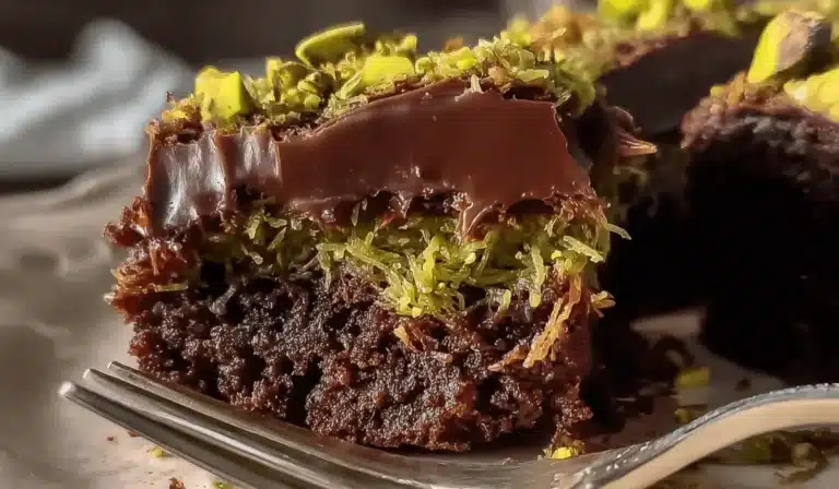 Close-up of fudgy Dubai chocolate brownies topped with green kataifi and glossy ganache