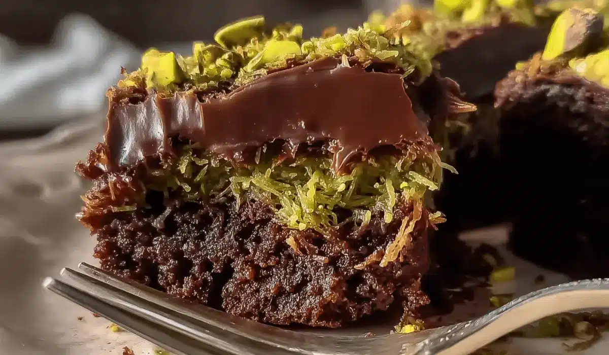 Close-up of fudgy Dubai chocolate brownies topped with green kataifi and glossy ganache