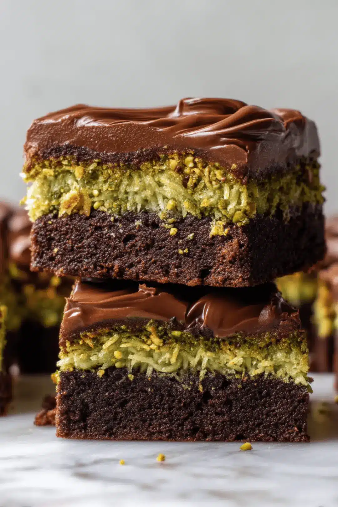 Stack of Dubai chocolate brownies with pistachio filling