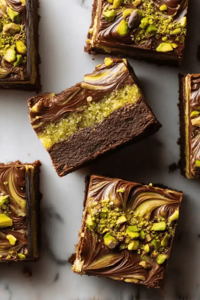 Overhead shot of Dubai chocolate brownies with chocolate swirl and pistachio topping