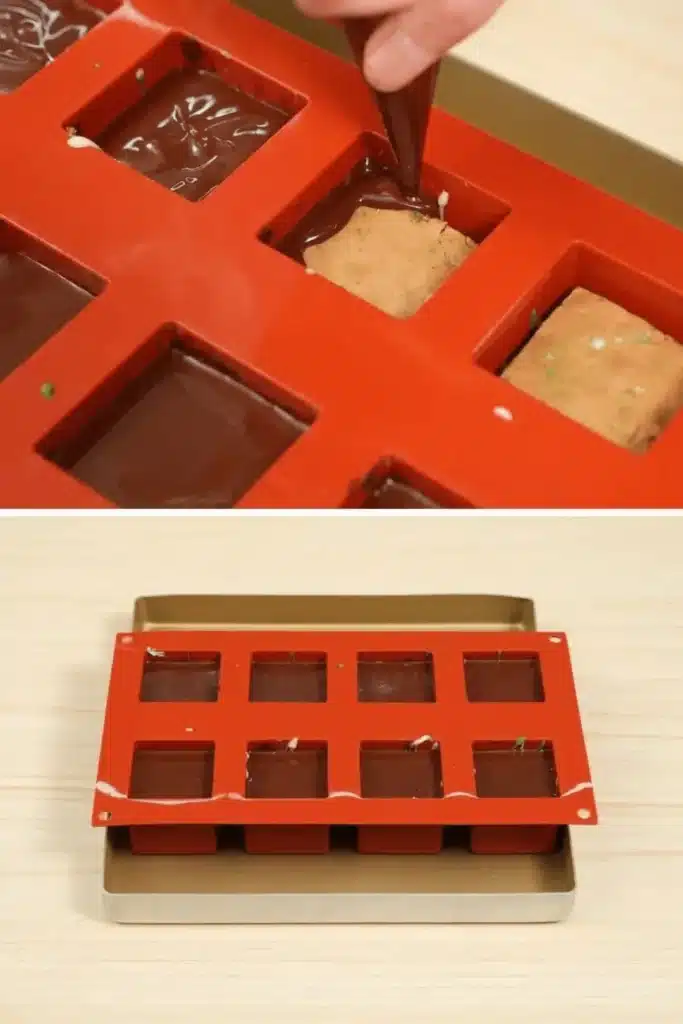 Sealing layered Dubai chocolate cake bars in silicone molds with melted chocolate