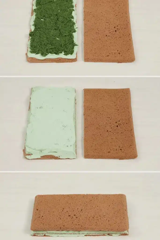 How to layer pistachio kataifi crunch and pistachio cream into chocolate sponge for Dubai chocolate cake