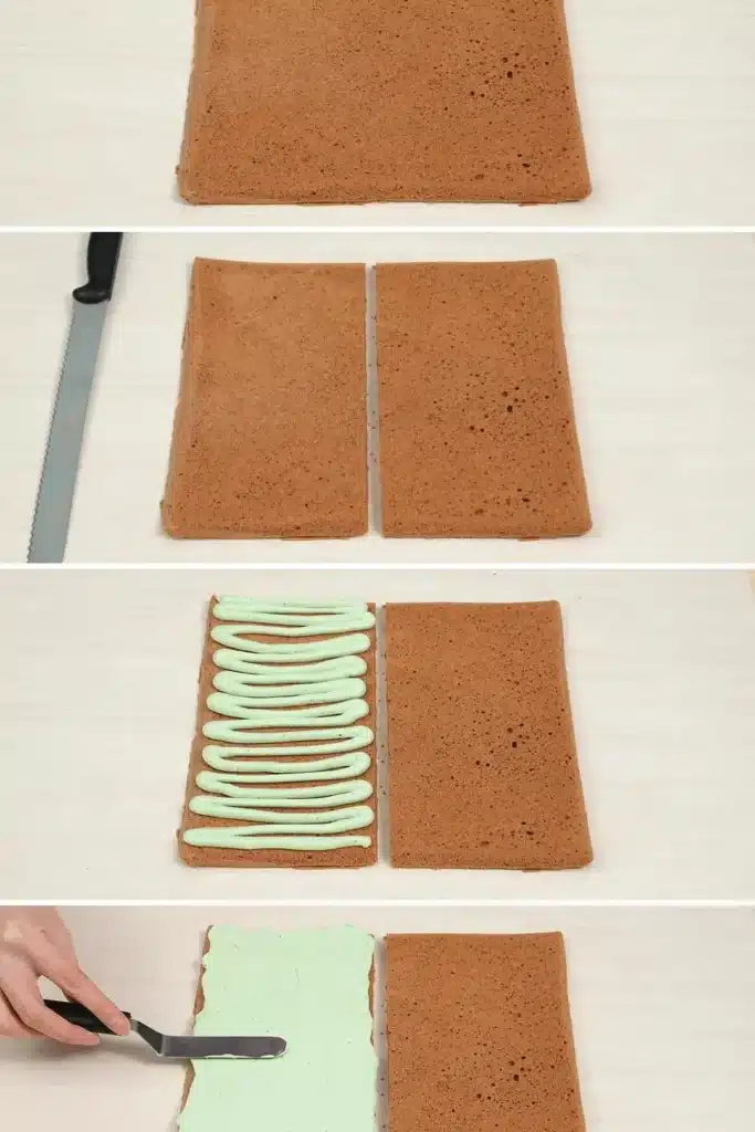 Step-by-step photos showing how to pipe and spread pistachio cream onto chocolate sponge for Dubai chocolate cake