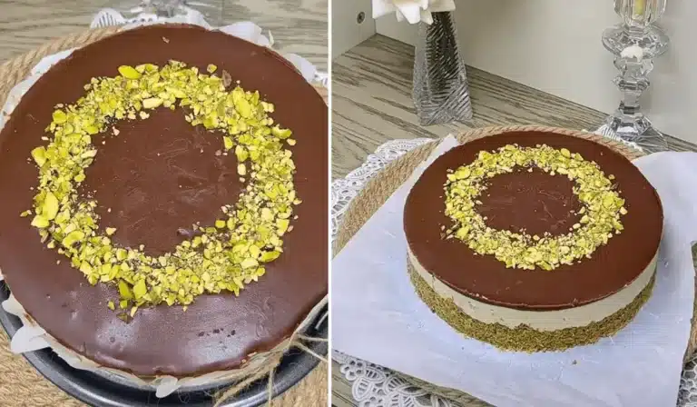 Two views of Dubai chocolate cheesecake topped with pistachios—close-up and full view