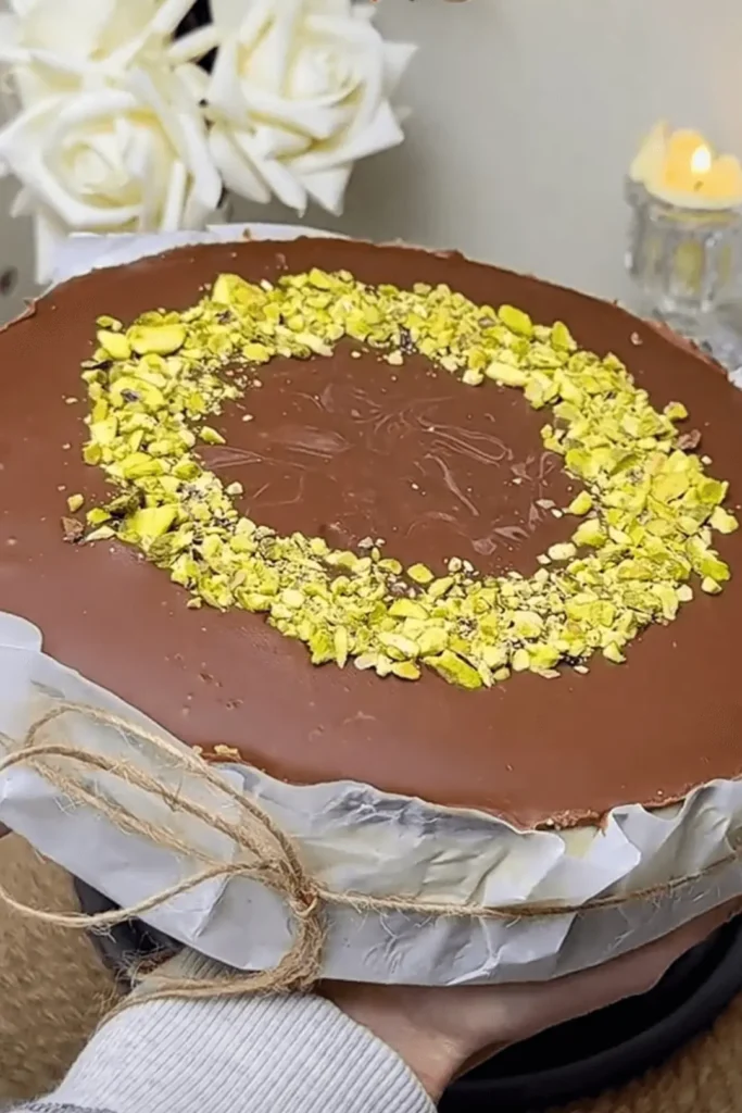 Dubai chocolate cheesecake wrapped in parchment with ribbon, ready as a gift