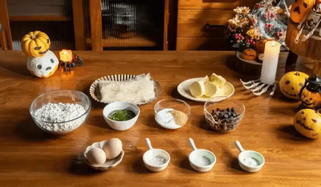 Dubai chocolate cookie ingredients laid out on a Halloween-themed wooden table