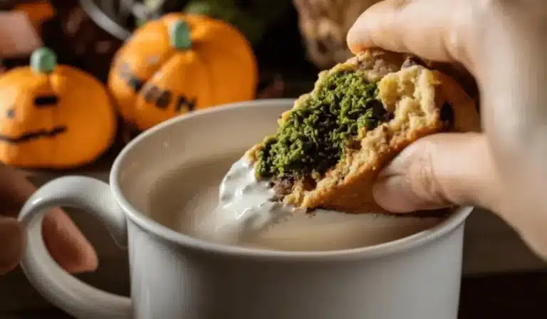 Dubai chocolate cookie with green pistachio filling dipped in milk