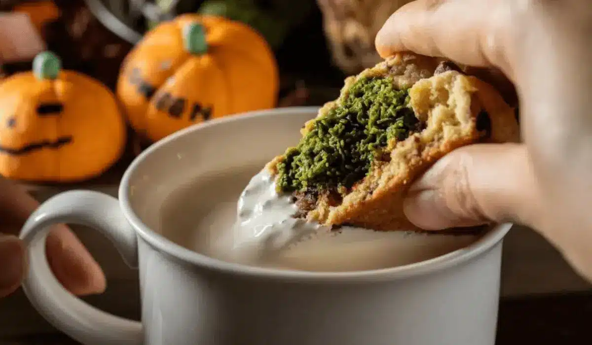 Dubai chocolate cookie with green pistachio filling dipped in milk