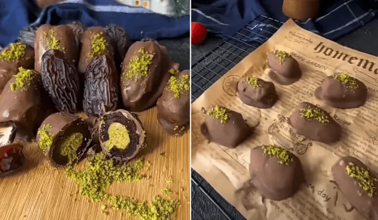 Close-up of Dubai chocolate date with tahini, pistachio butter, and kataifi filling