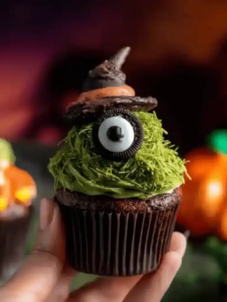 Halloween Dubai chocolate cupcakes decorated with green pistachio frosting, kataifi crunch, and candy eye