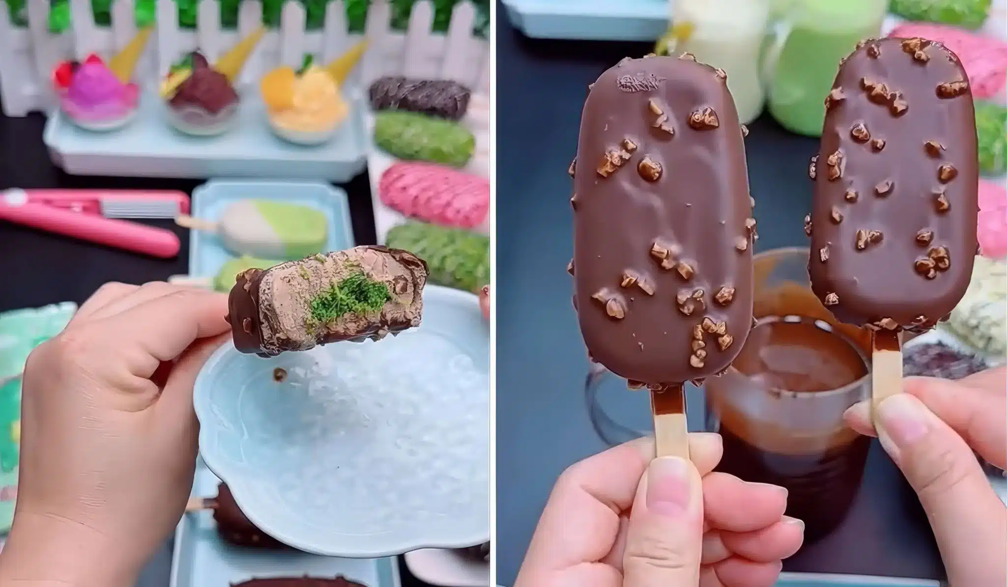 Dubai chocolate ice cream bar with crunchy pistachio filling and glossy Magnum-style chocolate shell