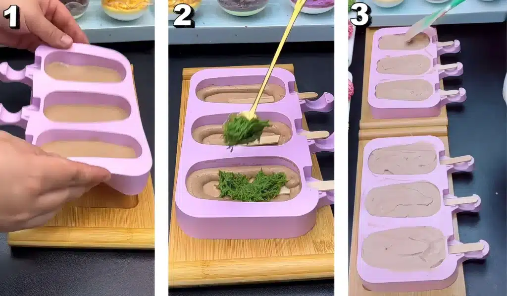Step-by-step layering of Dubai chocolate ice cream bars with pistachio kataifi filling in silicone molds