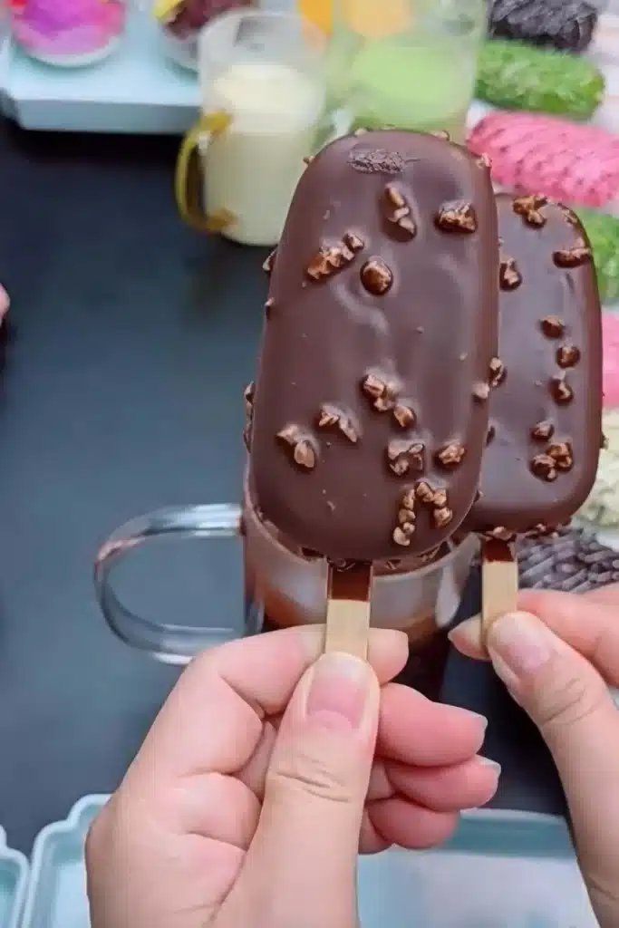 Two homemade Dubai chocolate ice cream bars coated in thick chocolate shell and pistachio bits