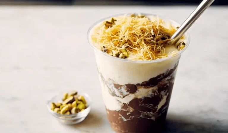 Dubai chocolate shake shack milkshake topped with crispy kataifi and chopped pistachios