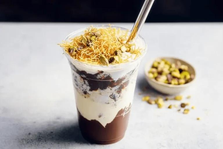 Dubai chocolate shake shack milkshake layered with vanilla custard ice cream, cracked chocolate, kataifi, and pistachios