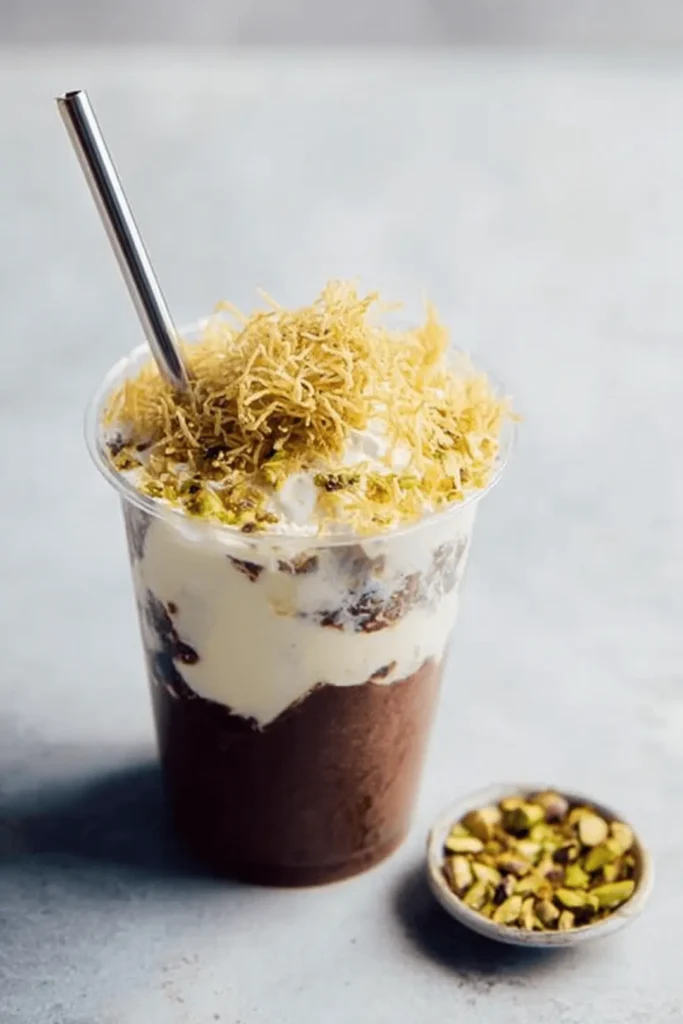 Dubai chocolate shake shack milkshake with pistachio topping and toasted kataifi in a clear cup with cracked chocolate shell