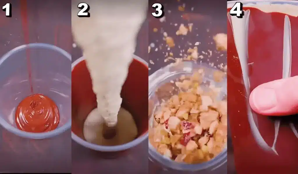 Step-by-step process of making Dubai chocolate shake shack milkshake with chocolate shell, milkshake pour, kataifi, and swirl finish