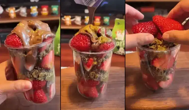 Three steps of making a Dubai chocolate strawberry cup in one image