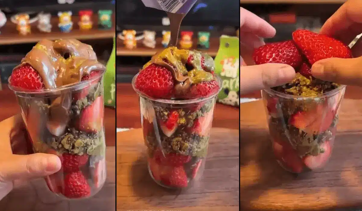 Three steps of making a Dubai chocolate strawberry cup in one image