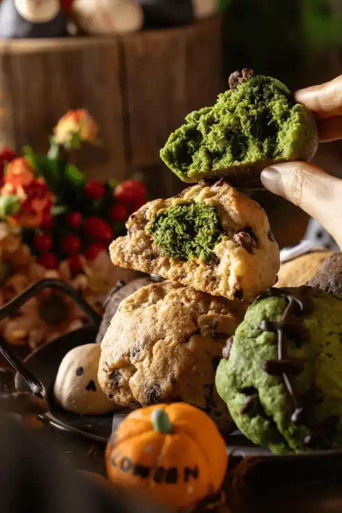 Inside of matcha and plain Dubai chocolate cookies with pistachio-kataifi filling