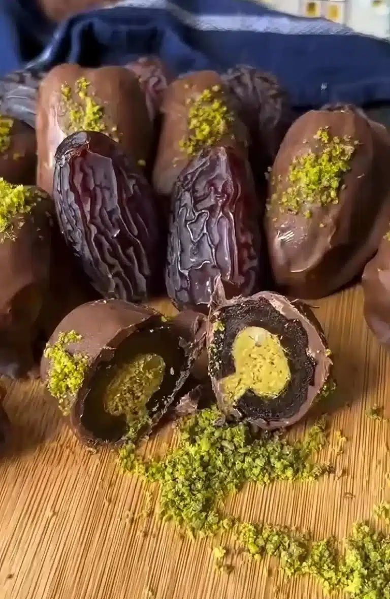 Plated Dubai chocolate dates stuffed with pistachio kataifi filling