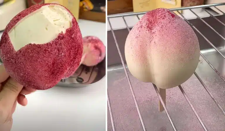Viral peach ice cream bar with white chocolate shell dusted in strawberry powder