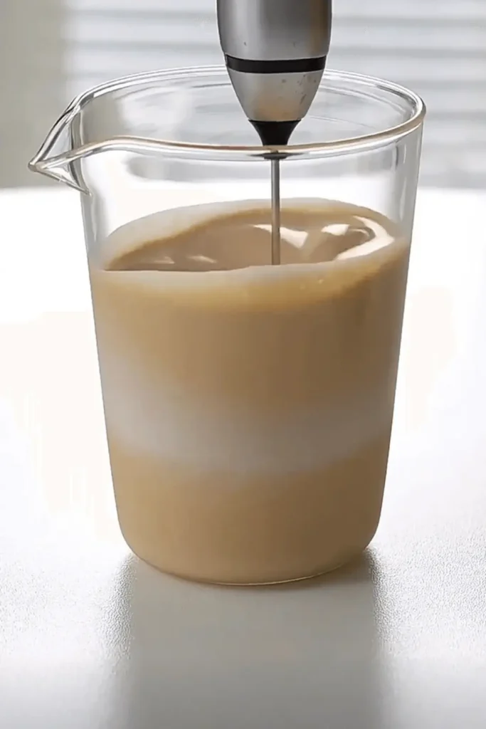 Frothing peanut butter latte with layered milk using handheld frother in clear glass