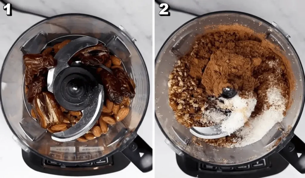 How to make date brownie balls in a food processor – step-by-step prep with almonds, dates, cocoa, and coconut