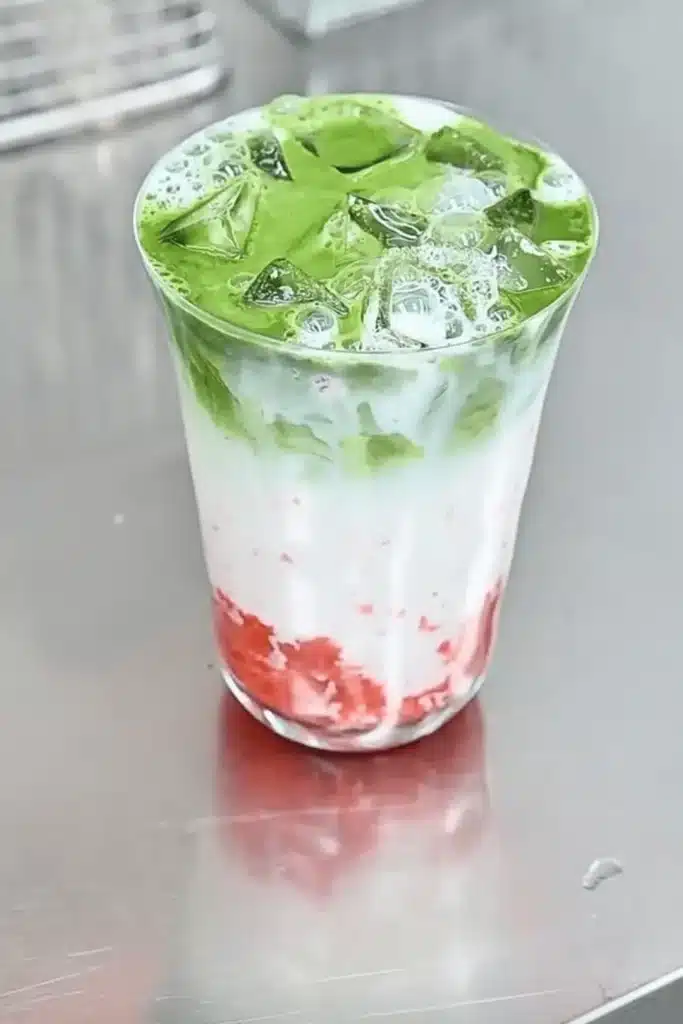 Layered strawberry matcha latte in a glass with ice