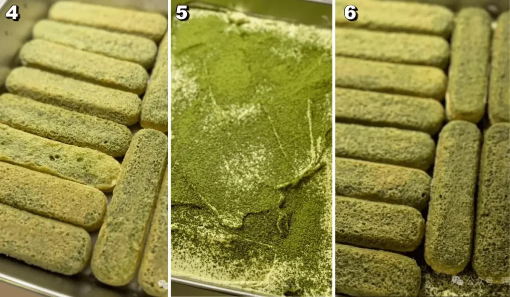 First layers of matcha tiramisu with ladyfingers and creamy filling