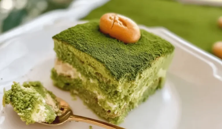Creamy matcha tiramisu slice with whipped mascarpone, dusted with green tea powder and topped with a ladyfinger