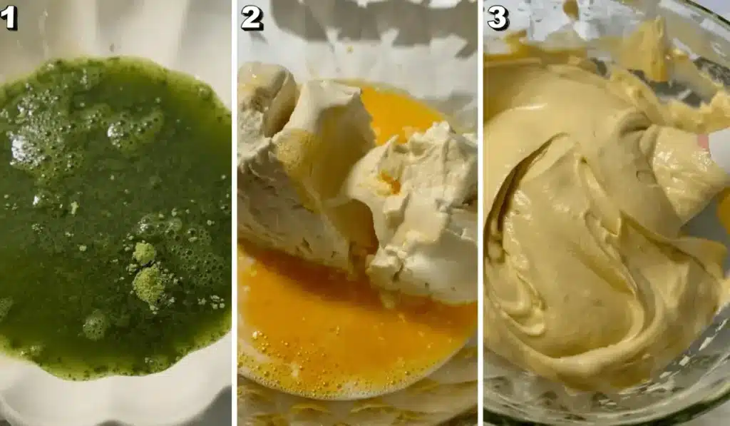 Step-by-step making of matcha tiramisu with green tea soak, mascarpone cream, and whipped filling