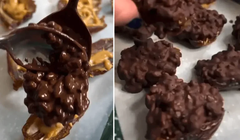 Peanut butter-stuffed dates topped with melted chocolate mixed with puffed rice