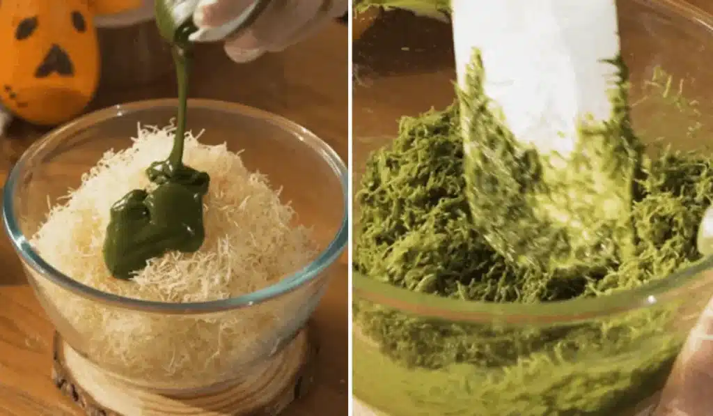 Mixing green pistachio cream into toasted kataifi pastry for Dubai chocolate cupcake filling