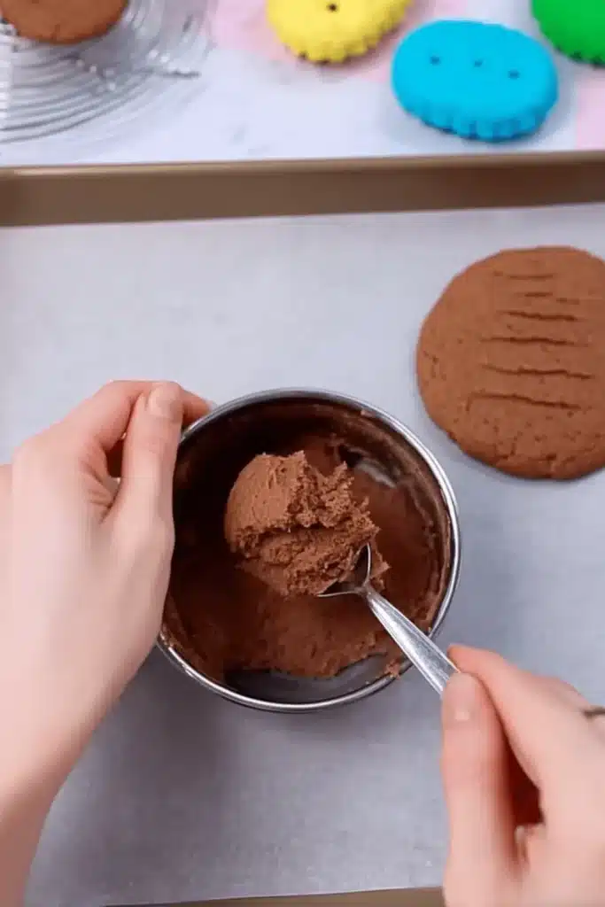 Scooping chocolate cookie dough onto baking tray for Moonbeam Crumbl Cookies
