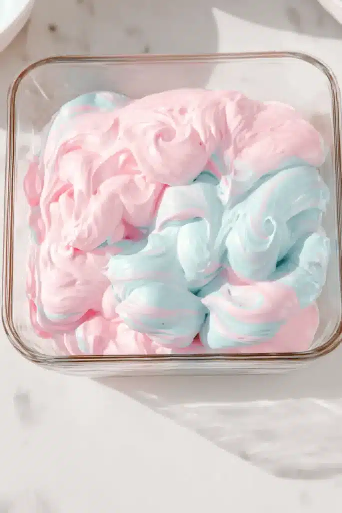 No-churn cotton candy ice cream swirled pink and blue in a glass container