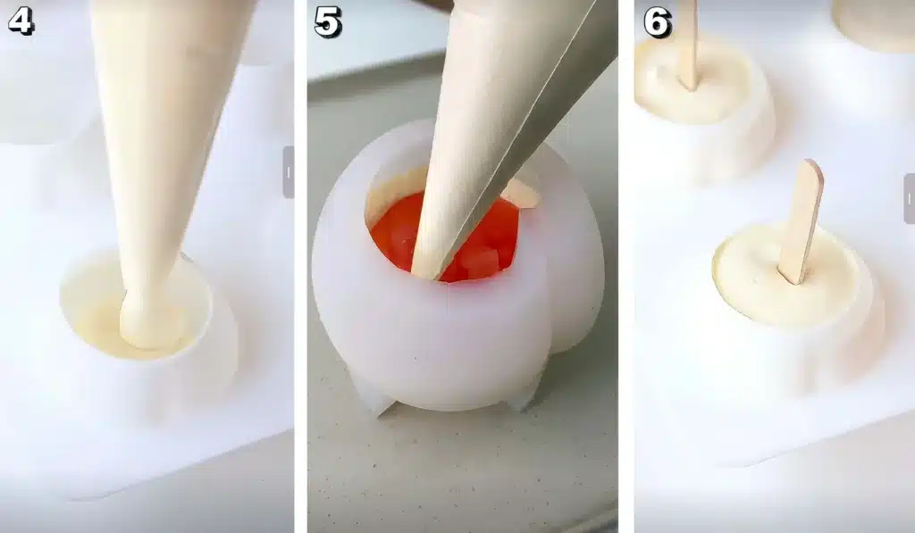 Step-by-step peach ice cream bar assembly with surprise filling