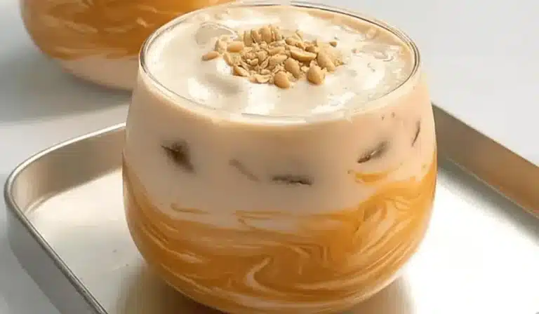 Creamy peanut butter iced latte swirled with milk and topped with crushed peanuts