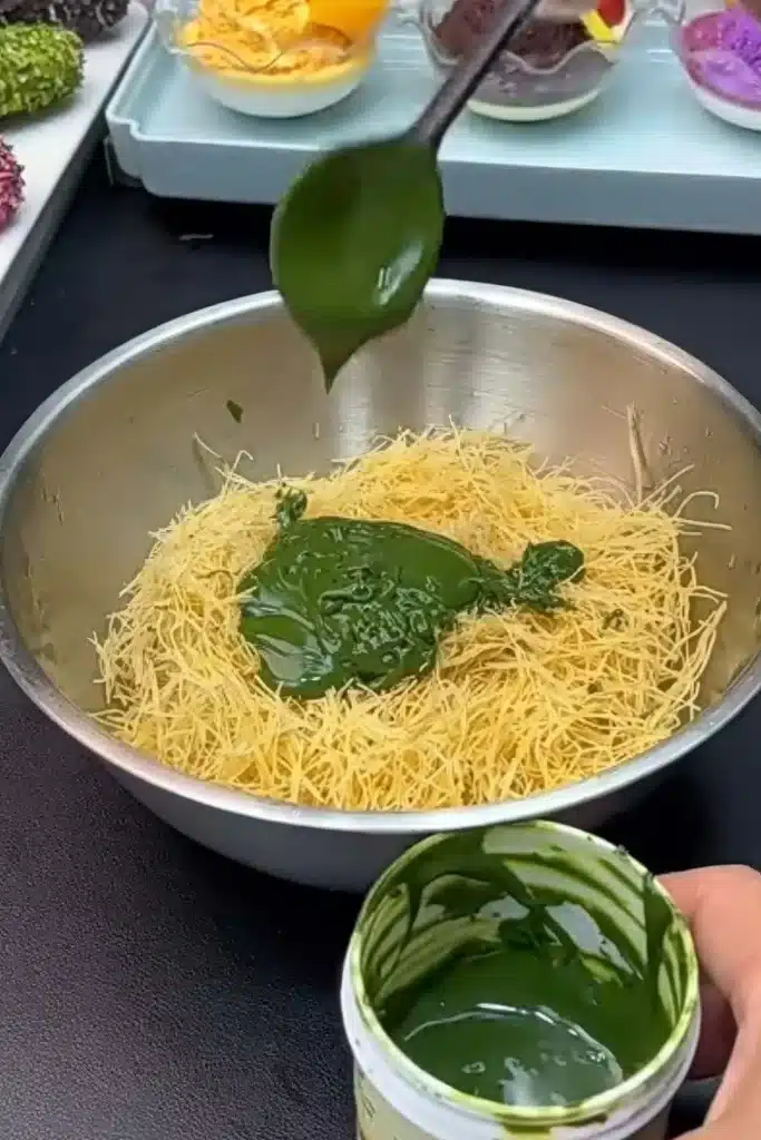 Pistachio butter being poured over toasted kataifi pastry in a metal mixing bowl