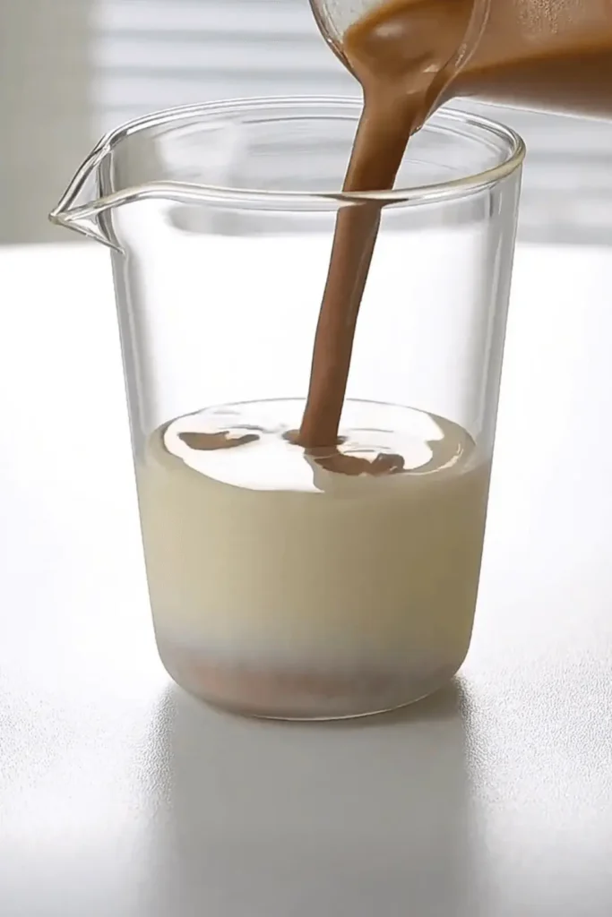 Pouring creamy peanut butter latte into a glass of cold milk