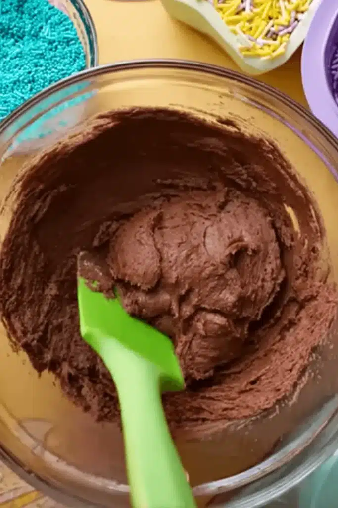 Chocolate cookie dough being mixed with a green spatula